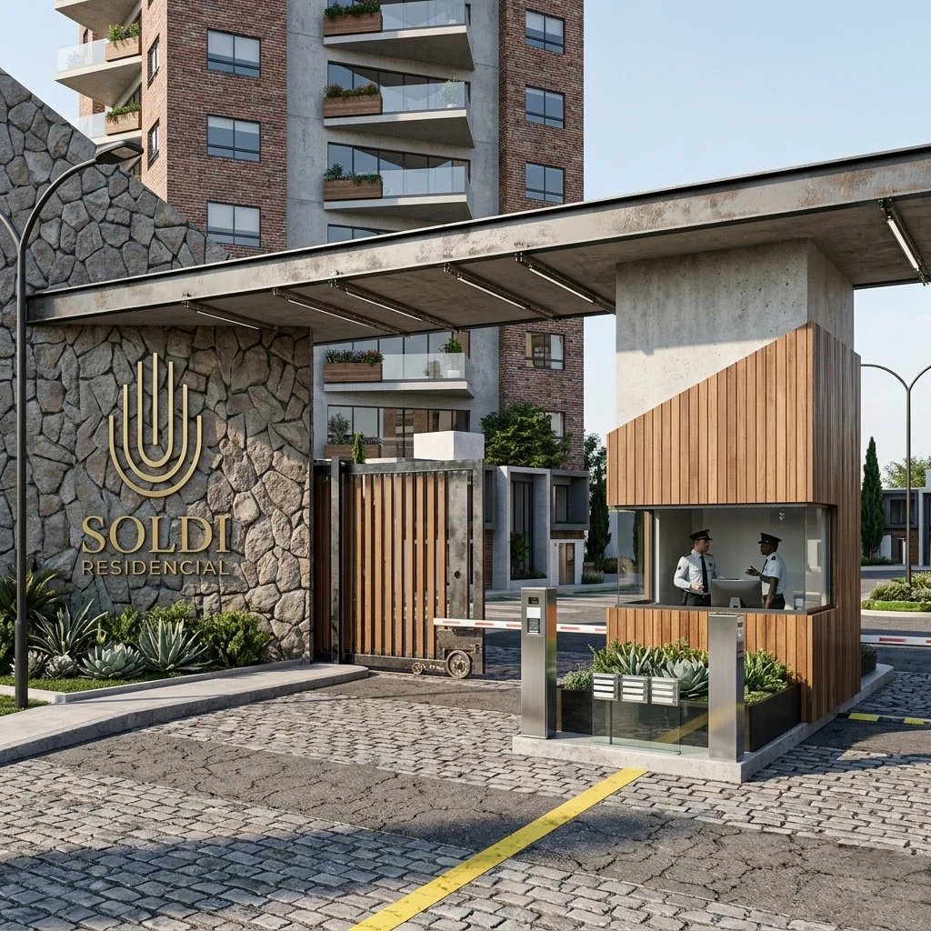 Entrada moderna del desarrollo residencial con portón de madera